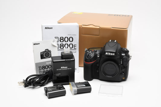 Nikon D800 DSLR body, USA, 2X batts+charger, manuals Only 1328 Acts!! Mint-