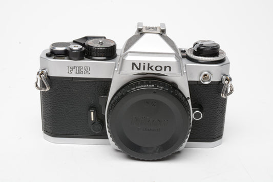 Nikon FE2 35mm SLR Chrome Body Only, Strap, New Seals!