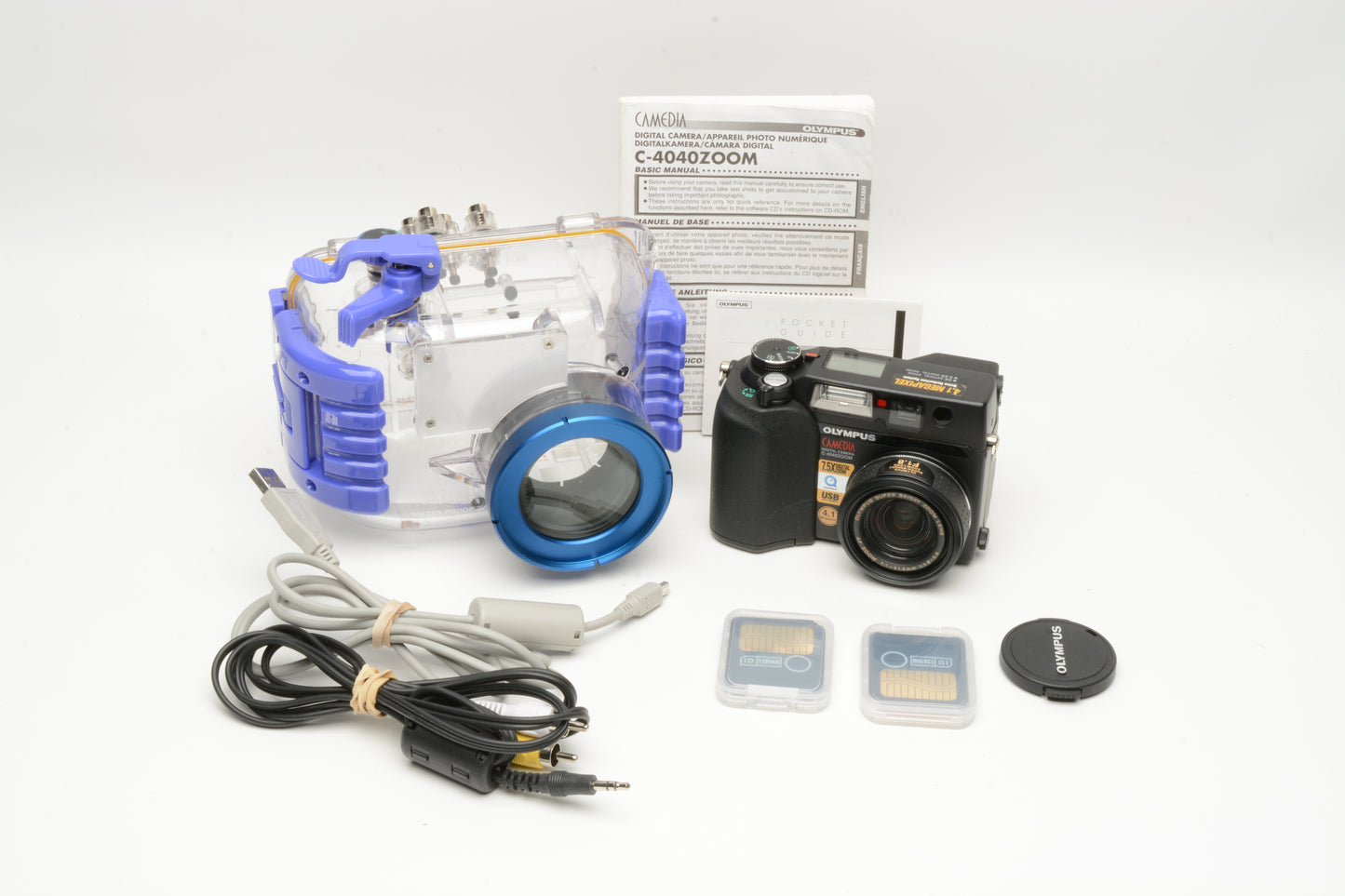 Olympus C4040zoom 4.1MP digital point&shoot w/Underwater housing, cards, Great!