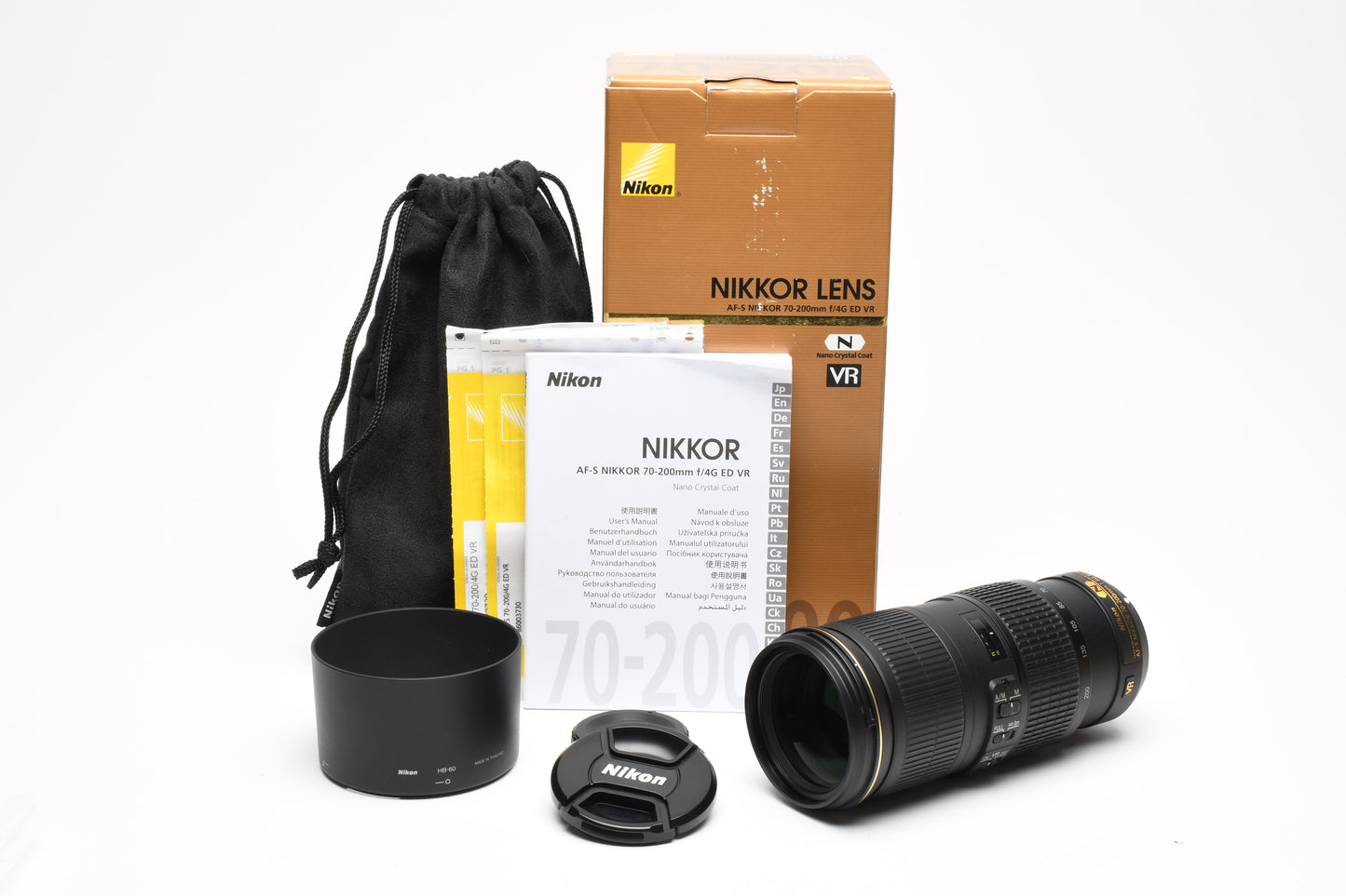 Nikon AFS 70-200mm f4G ED VR zoom lens, hood, case, Box, Mint