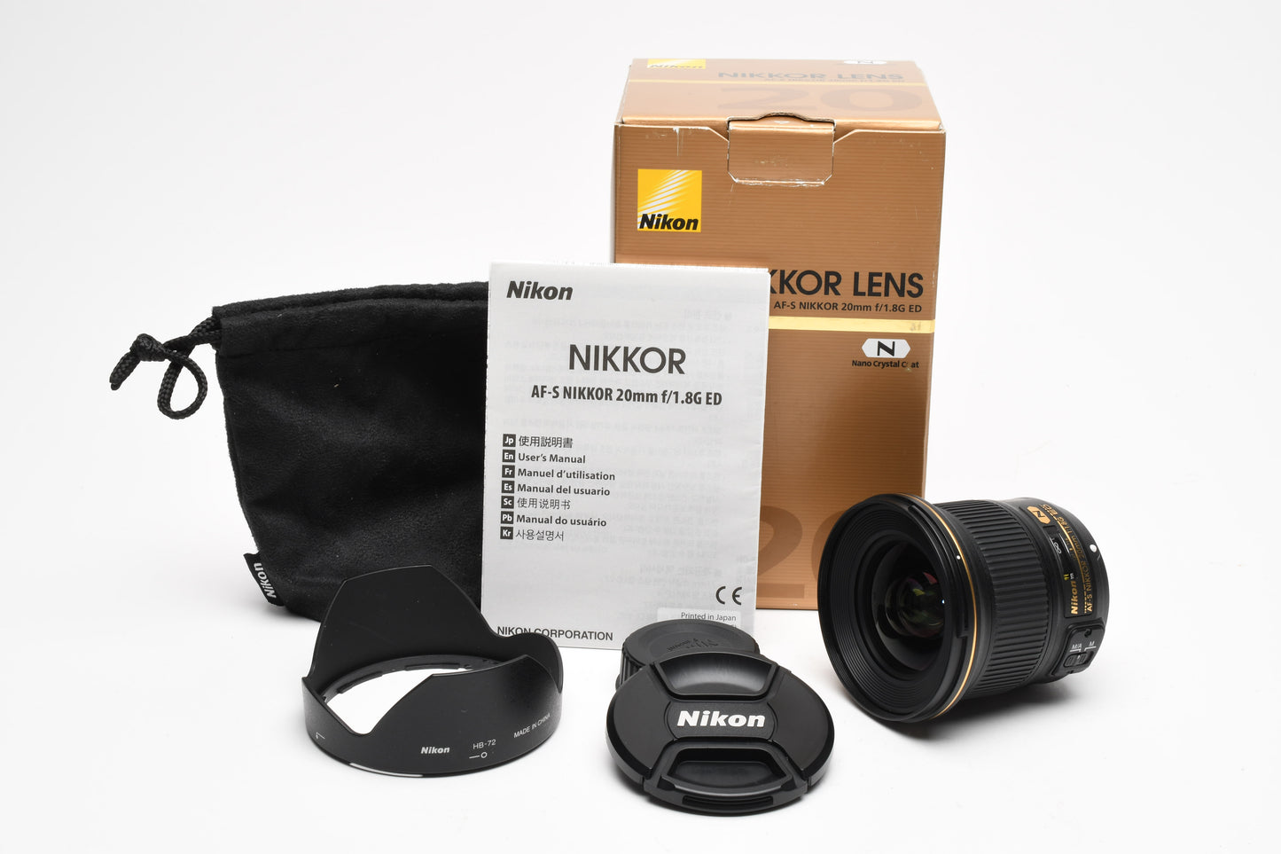 Nikon AFS 20mm f1.8G ED N wide lens, hood, pouch, Box, Mint