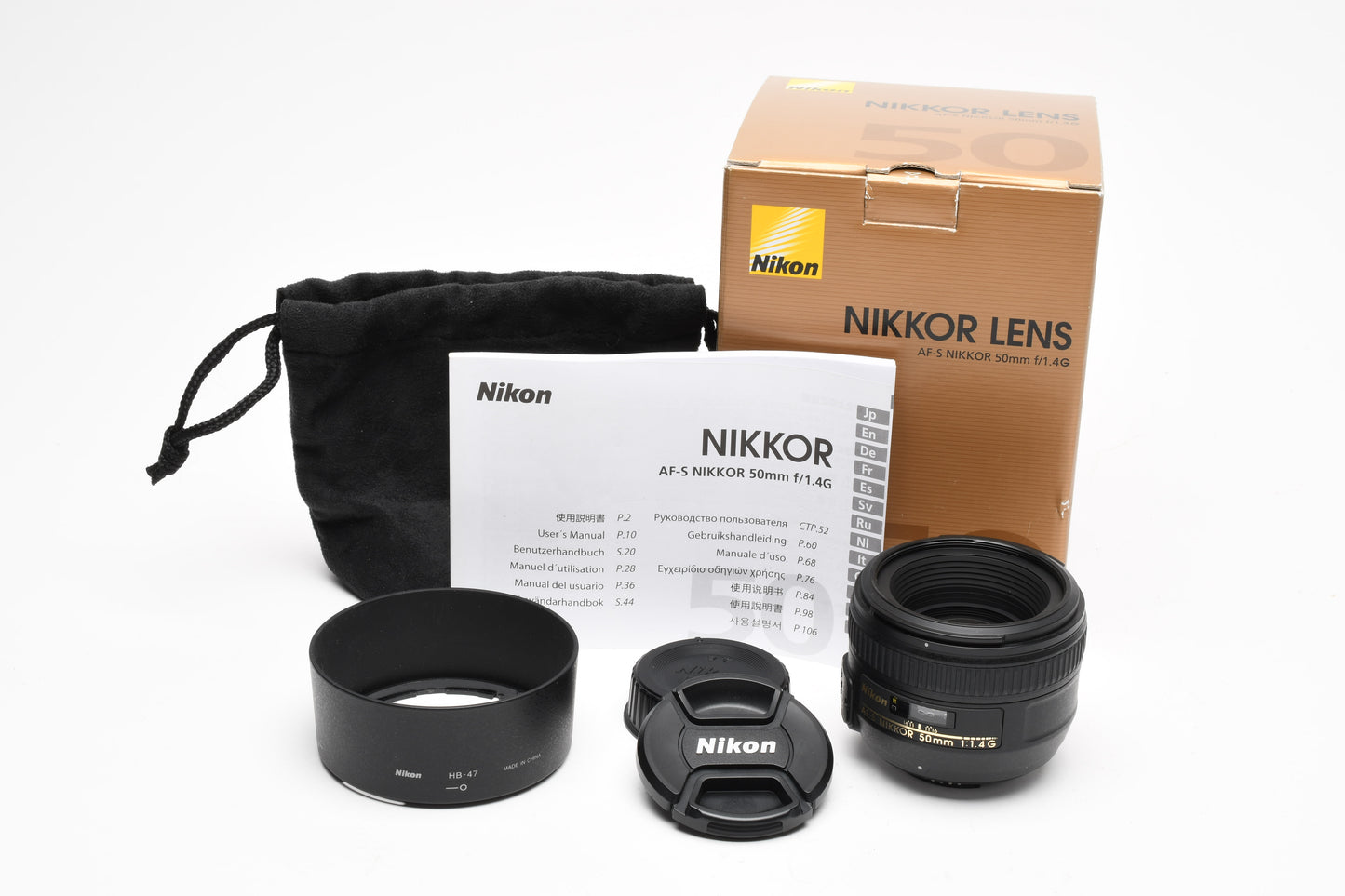 Nikon AFS Nikkor 50mm f1.4G Prime lens, hood, pouch, Box, Mint