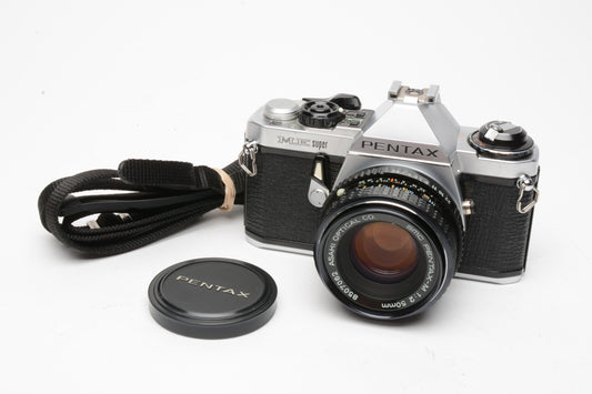 Pentax ME Super 35mm SLR w/50mm f2 SMC lens, cap, strap, new seals!