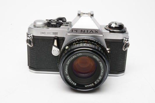 Pentax ME Super 35mm SLR w/50mm f2 SMC lens, cap, strap, new seals!