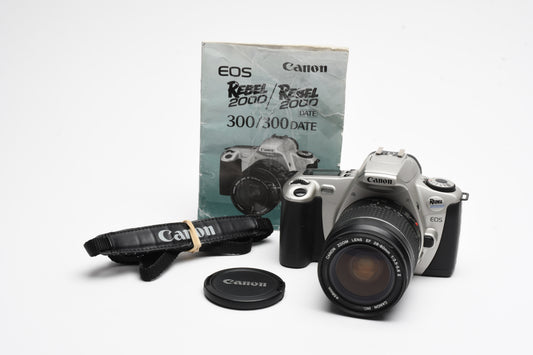 Canon Rebel 2000 35mm SLR w/EF 28-80mm f3.5-5.6 II zoom lens, strap, manual