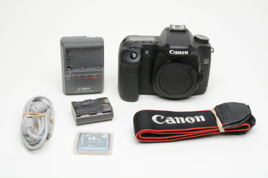 Canon EOS 50D DSLR Body w/Battery, charger, strap, body cap+16GB CF, 13K Acts