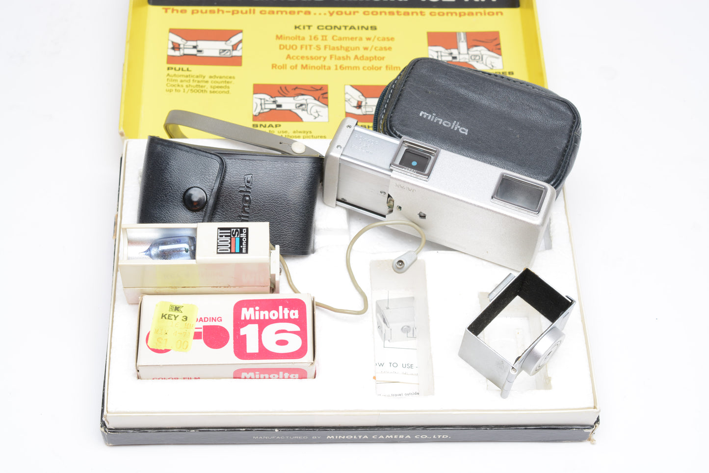 Minolta 16 II camera kit, flash, case, +Film! Very clean