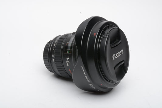 Canon EF 17-40mm f4 L USM zoom lens w/Hood, Caps, Pouch, clean, tested