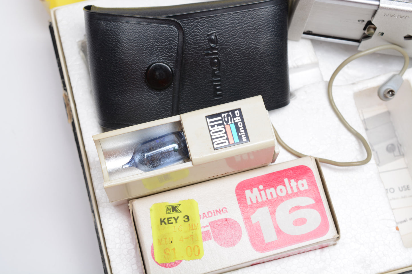 Minolta 16 II camera kit, flash, case, +Film! Very clean