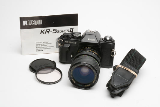 Ricoh KR-5 Super II 35mm SLR w/Access 35-70mm f2.5-3.5 zoom, 1A, strap, Nice!