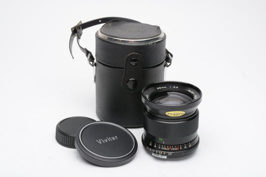 Vivitar 28mm F2.5 Nikon F Mount Lens, caps + case