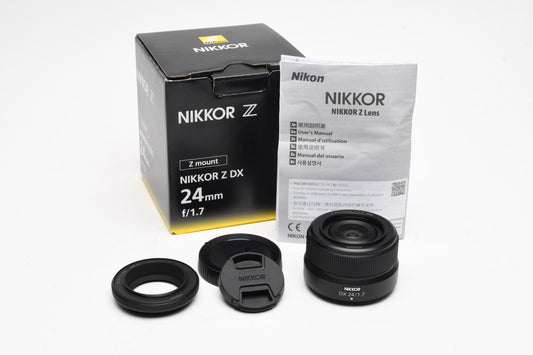 Nikon Nikkor Z 24mm f1.7 Z DX lens, HN-42 Hood, Mint-, Boxed, USA