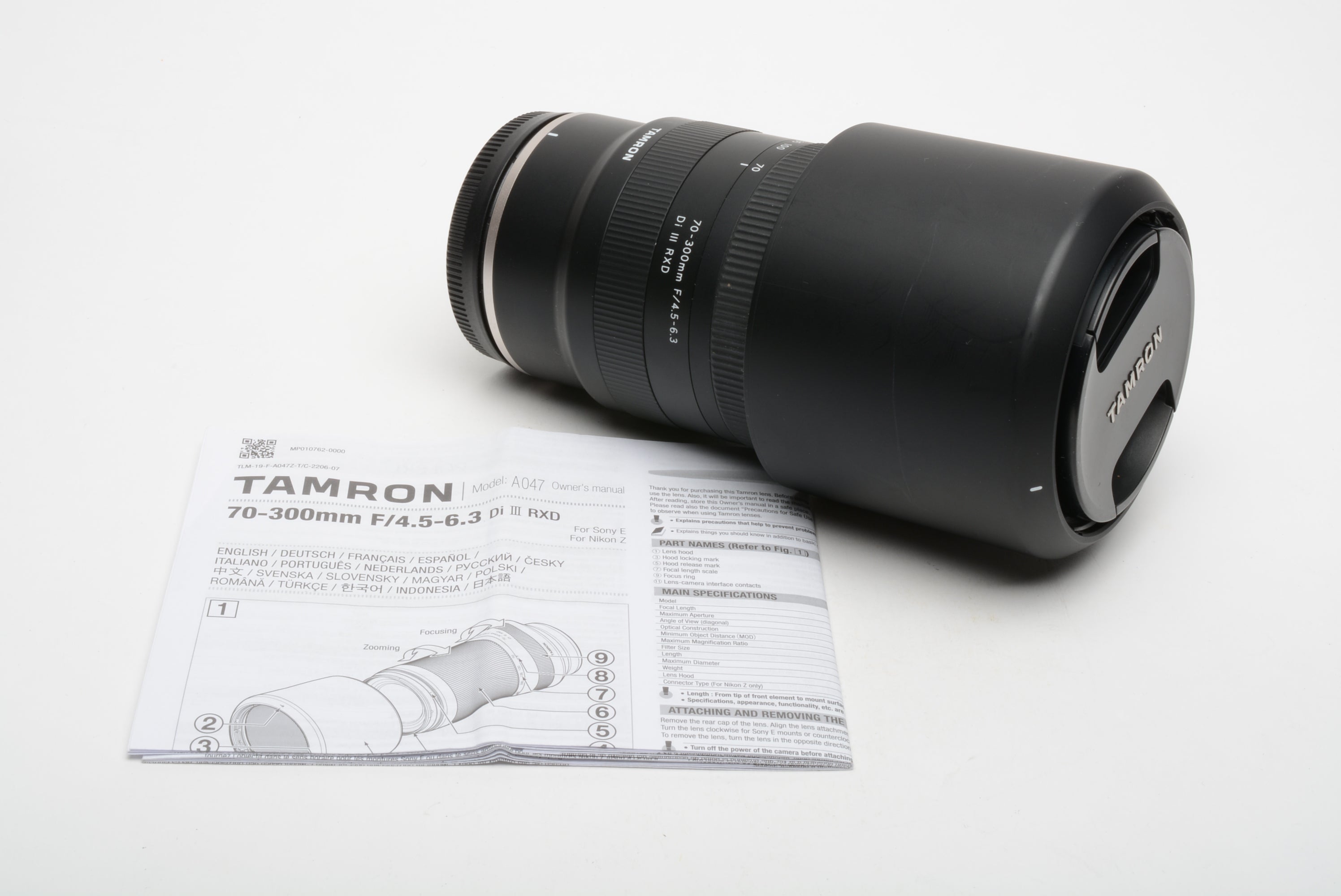 Tamron AF 70-300mm f4.5-6.3 Di III Nikon Z mount lens caps, hood