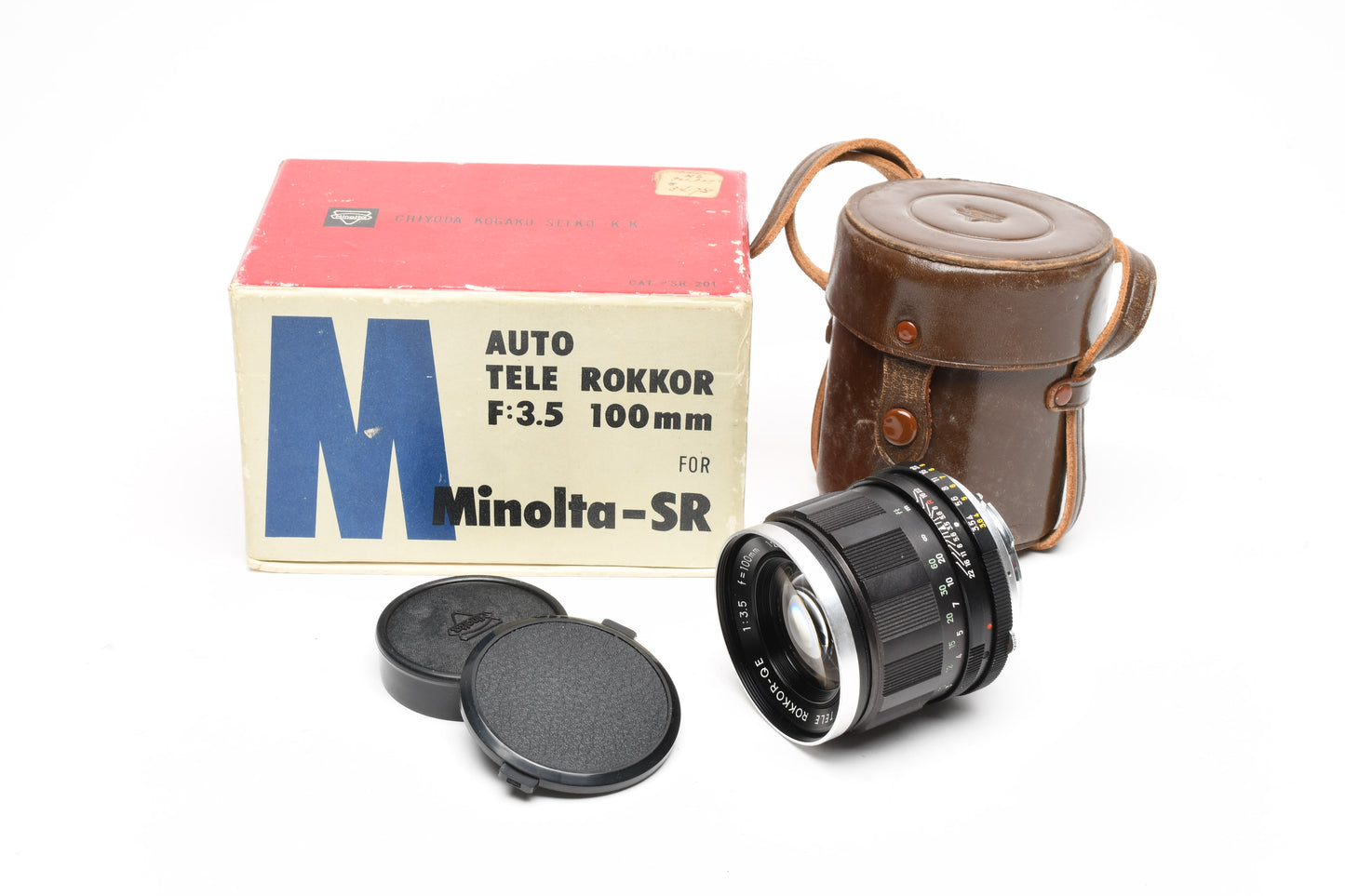 Minolta Rokkor QE 100mm f3.5 lens, case, caps, box, light haze, Good!