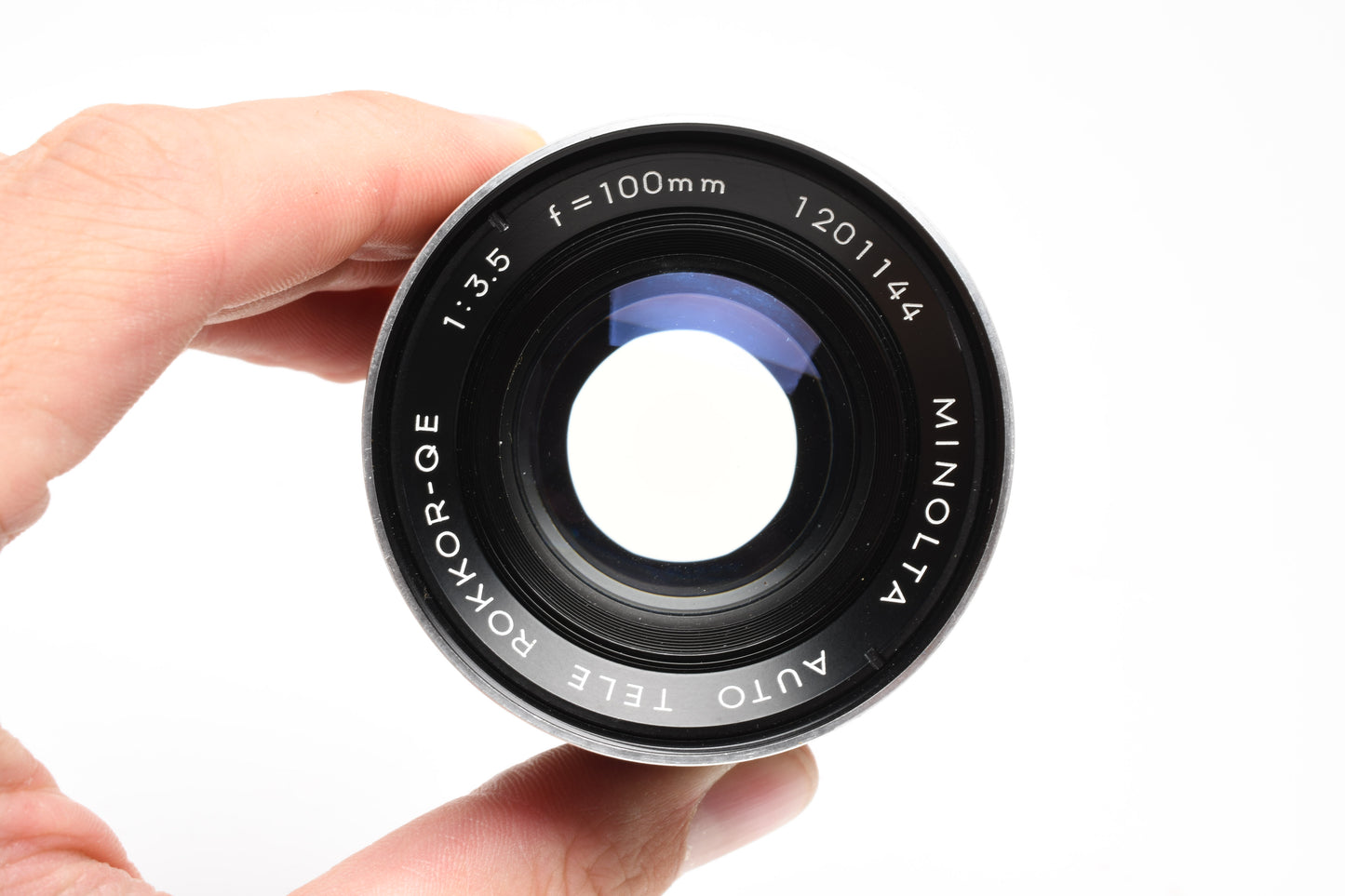 Minolta Rokkor QE 100mm f3.5 lens, case, caps, box, light haze, Good!