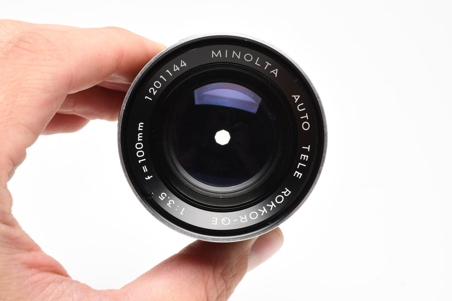 Minolta Rokkor QE 100mm f3.5 lens, case, caps, box, light haze, Good!