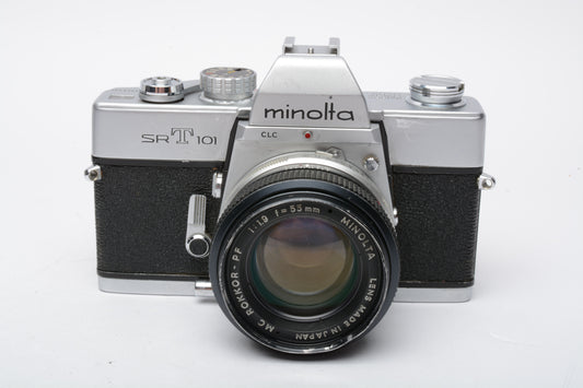 Minolta SRT-101 35mm SLR w/55mm F1.9 lens, new seals, accurate, tested, Good!