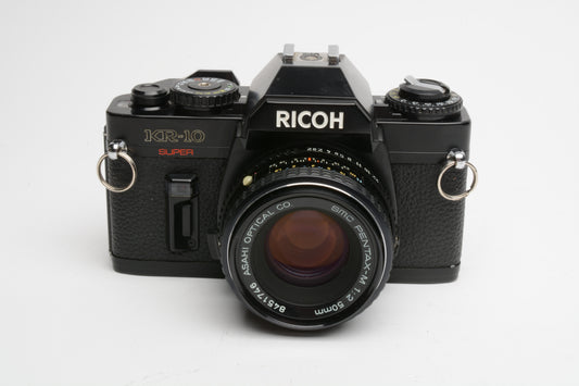 Ricoh KR-10 Super 35mm SLR w/50mm f2 Prime lens, cap, New seals, Strap, Nice