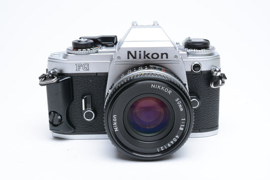 Nikon FG 35mm SLR w/Nikkor 50mm f1.8, New seals, Strap, Great!