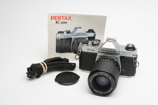 Pentax K1000 35mm SLR Body w/Ozunon 35-75mm zoom, new seals, manual, Nice!!