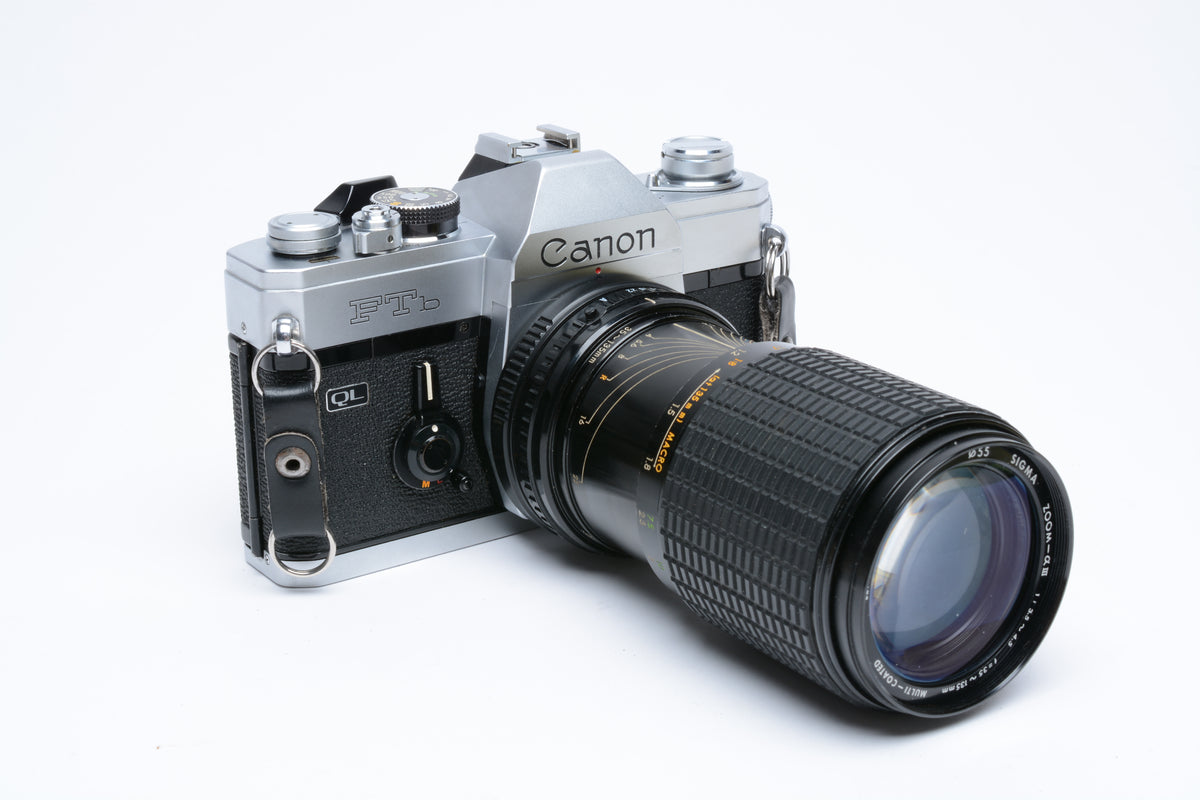 Canon FTb QL 35mm SLR w/Sigma 35-135mm f3.5-4.5 Zoom, Manual, New seals, Good