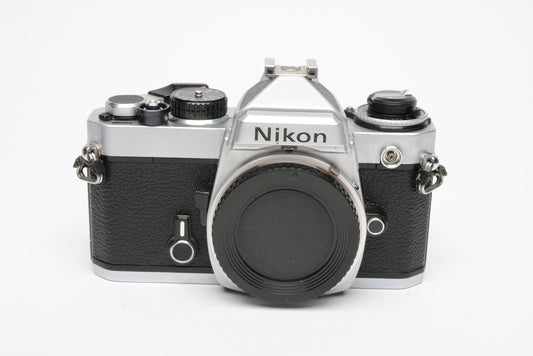 Nikon FE chrome 35mm SLR body, new seals, very clean, nice!