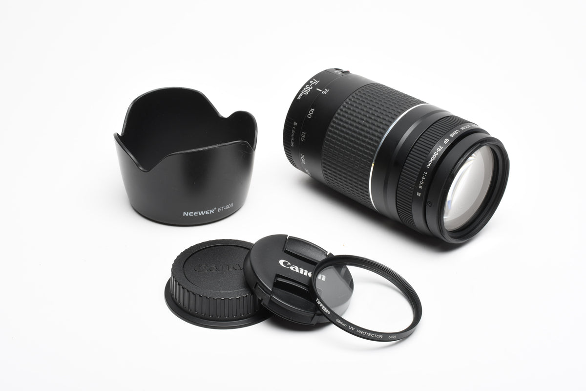 Canon EF 75-300mm f4-5.6 III Telephoto zoom lens w/ caps, UV, Hood, Nice!