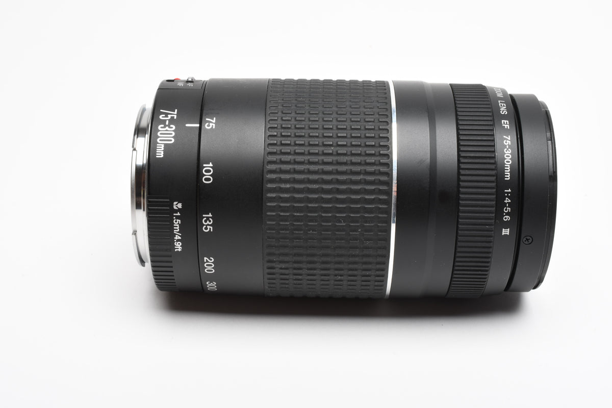 Canon EF 75-300mm f4-5.6 III Telephoto zoom lens w/ caps, UV, Hood, Nice!