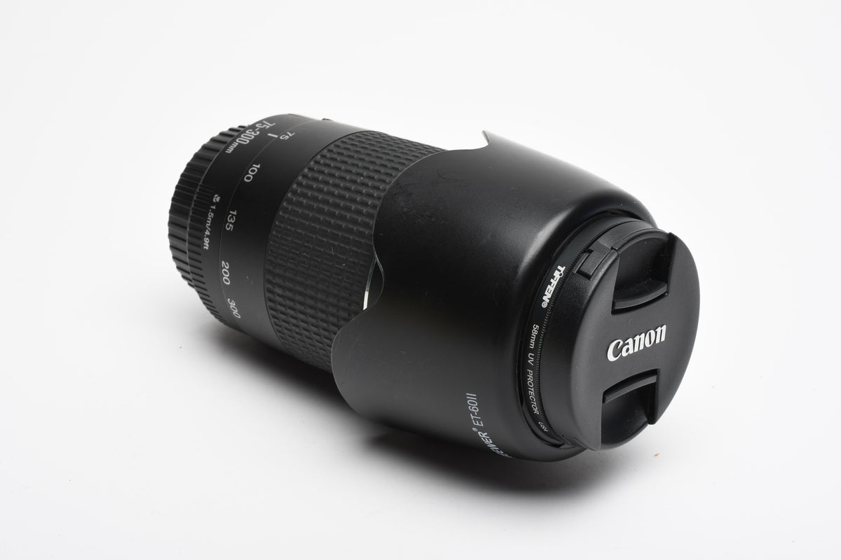 Canon EF 75-300mm f4-5.6 III Telephoto zoom lens w/ caps, UV, Hood, Nice!