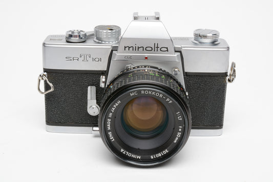 Minolta SRT-101 35mm SLR w/Rokkor-X 50mm f1.7 Prime lens, new seals, case, tested