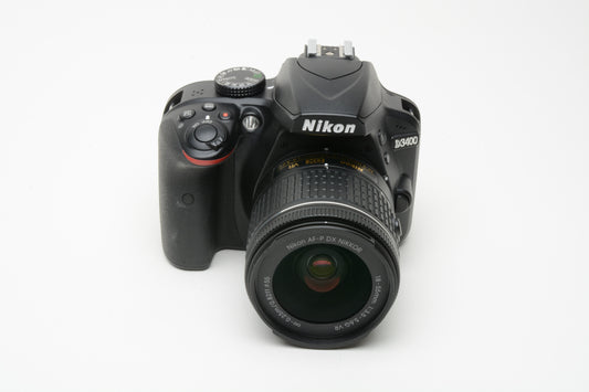 Nikon D3400 DSLR w/AF-P 18-55mm f/3.5-5.6 Lens, batt, charger, Only 4054 Acts!