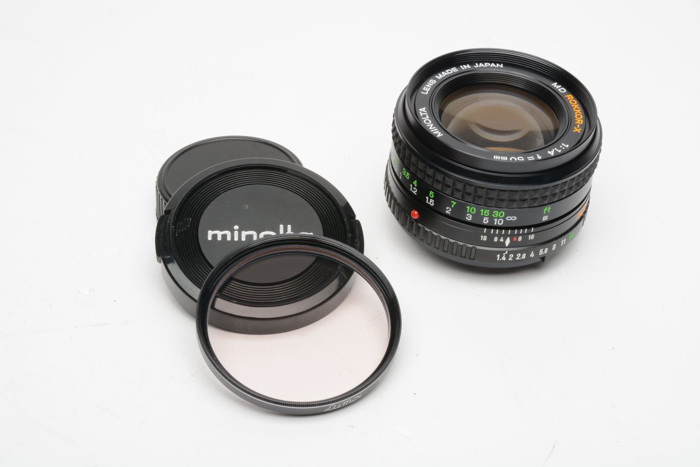 Minolta MD Rokkor-X 50mm f1.4 prime lens w/caps, 1A, clean and sharp!