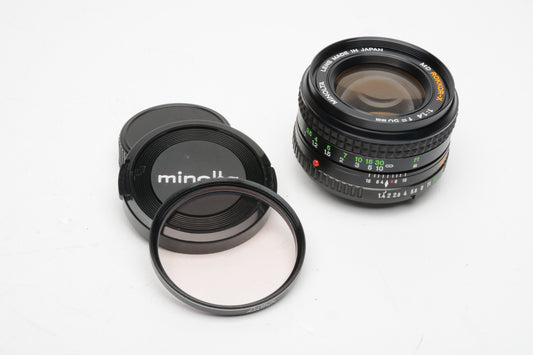 Minolta MD Rokkor-X 50mm f1.4 prime lens w/caps, 1A, clean and sharp!