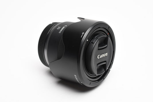 Canon RF 35mm f1.8 Macro IS STM lens, Hood, Mint-