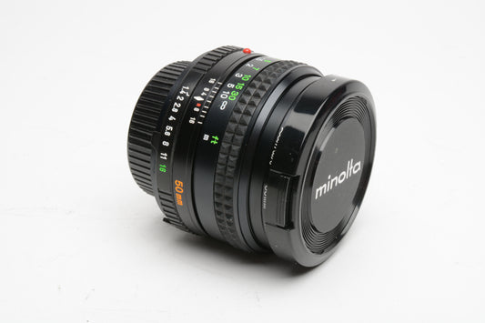 Minolta MD Rokkor-X 50mm f1.4 prime lens w/caps, 1A, clean and sharp!