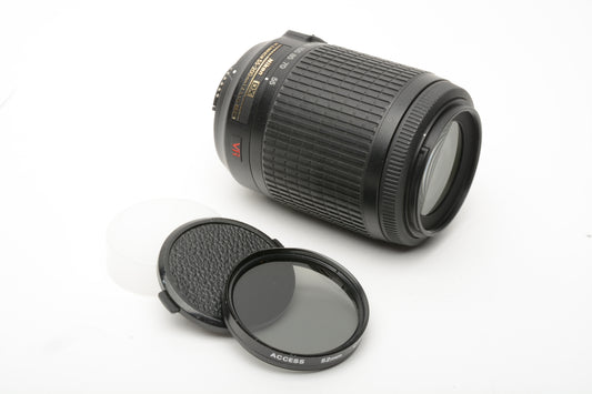 Nikon AF-S 55-200mm f4-5.6G ED VR DX, Hood, CPL filter, Very clean