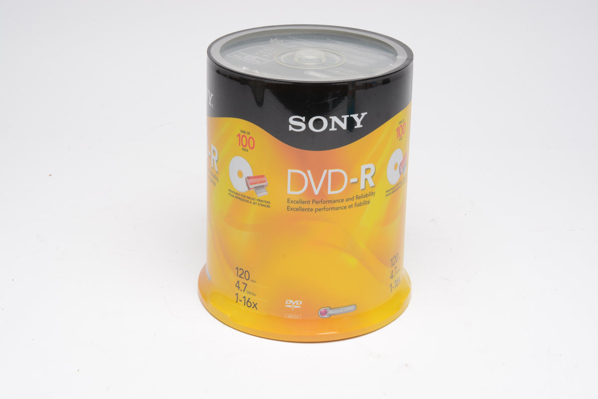 100X Sony DVD-R 4.7GB 120min 16X Optical Media Recordable, Sealed Tower