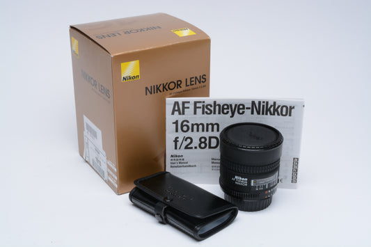 Nikon Nikkor AF 16mm F2.8D Fisheye Lens, Filters, Mint, Boxed, USA