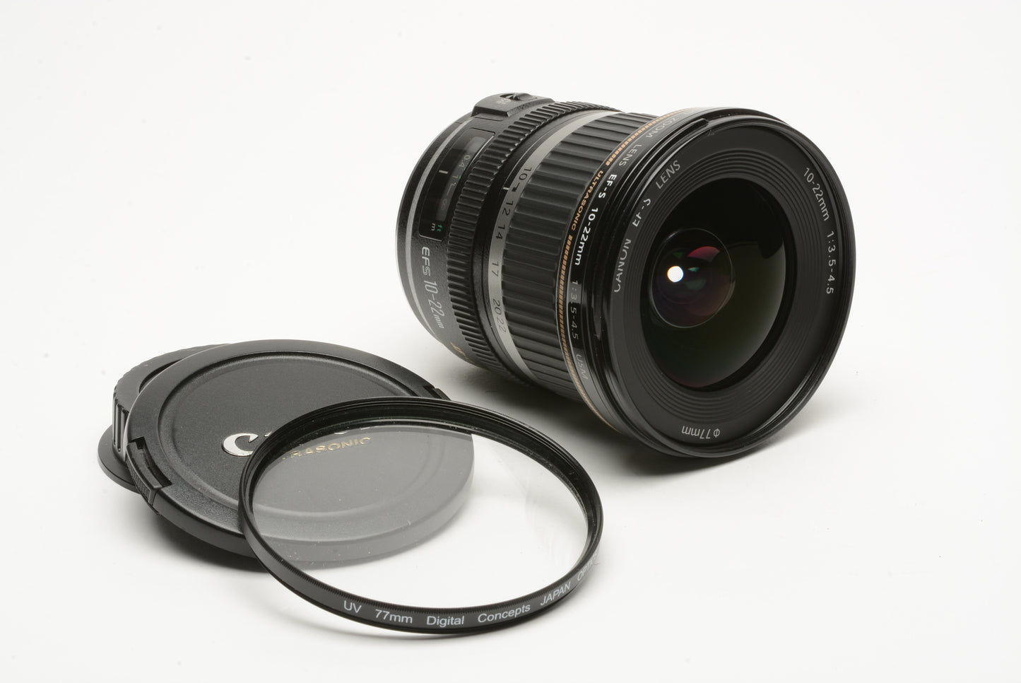 Canon EF-S 10-22mm f3.5-4.5  USM zoom lens, caps + UV filter