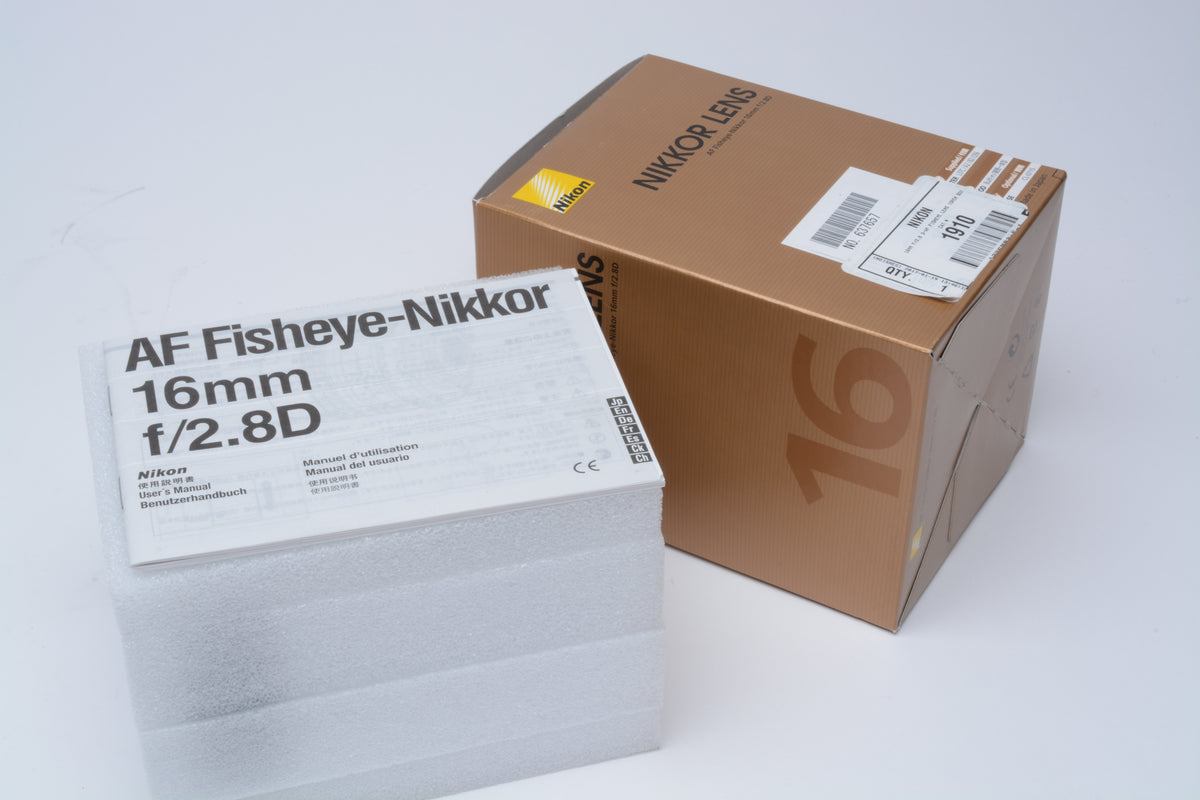 Nikon Nikkor AF 16mm F2.8D Fisheye Lens, Filters, Mint, Boxed, USA
