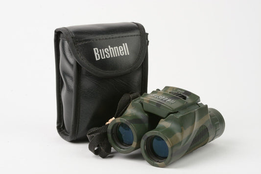 EXC++ BUSHNELL 10x25 CAMO COMPACT BINOCULARS, IN CASE + STRAP