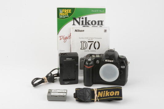 Nikon D70 6.1MP Digital Body, Batt+charger+strap+book+1GB CF, 16093 Acts!