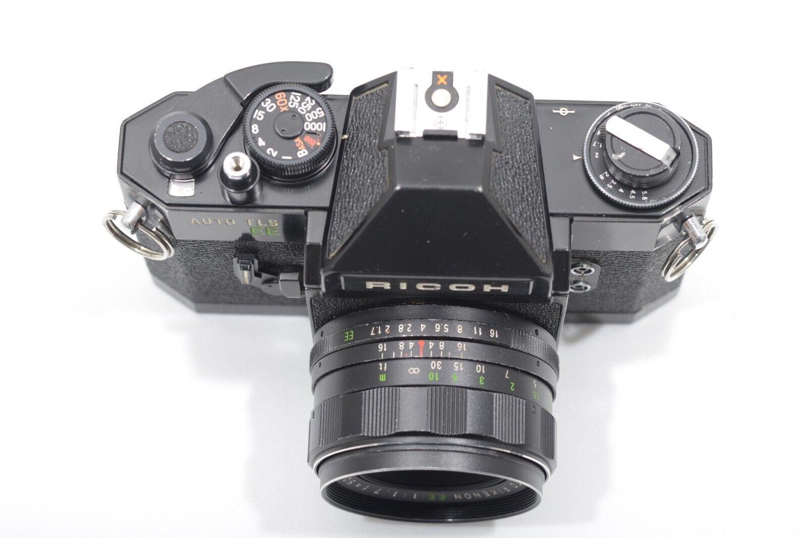 EXC++ RICOH AUTO TLS EE 35mm BLACK SLR w/RIKENON EE 50mm f1.7 LENS, FLASH,  STRAP