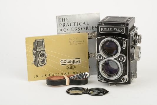 MINT- ROLLEIFLEX 2.8D TLR CAMERA w/80mm f2.8 SHNEIDER XENOTAR LENS, MANUALS+CAP