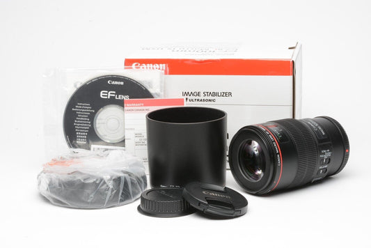 Canon EF 100mm f2.8 L IS Macro USM lens, hood, pouch, caps, boxed, USA