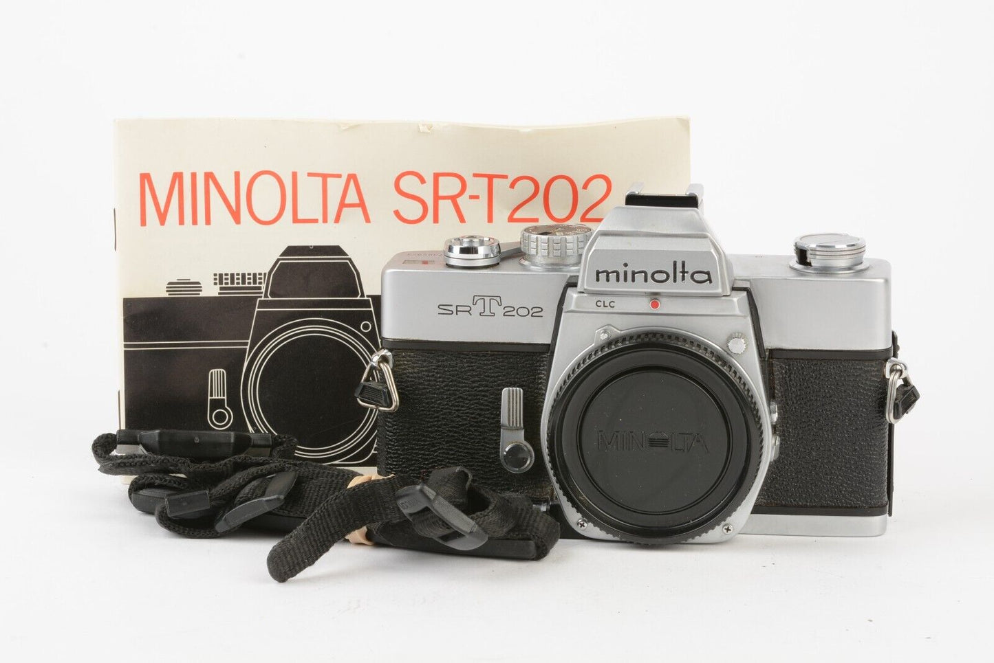 EXC++ MINOLTA SRT-202 CHROME 35mm SLR BODY, NEW SEALS, STRAP, MANUAL, NICE