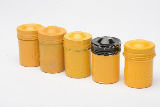 LOT OF 5 EMPTY KODAK METAL 35mm FILM CANISTERS (YELLOW) - CLEAN w/KODAK LOGO