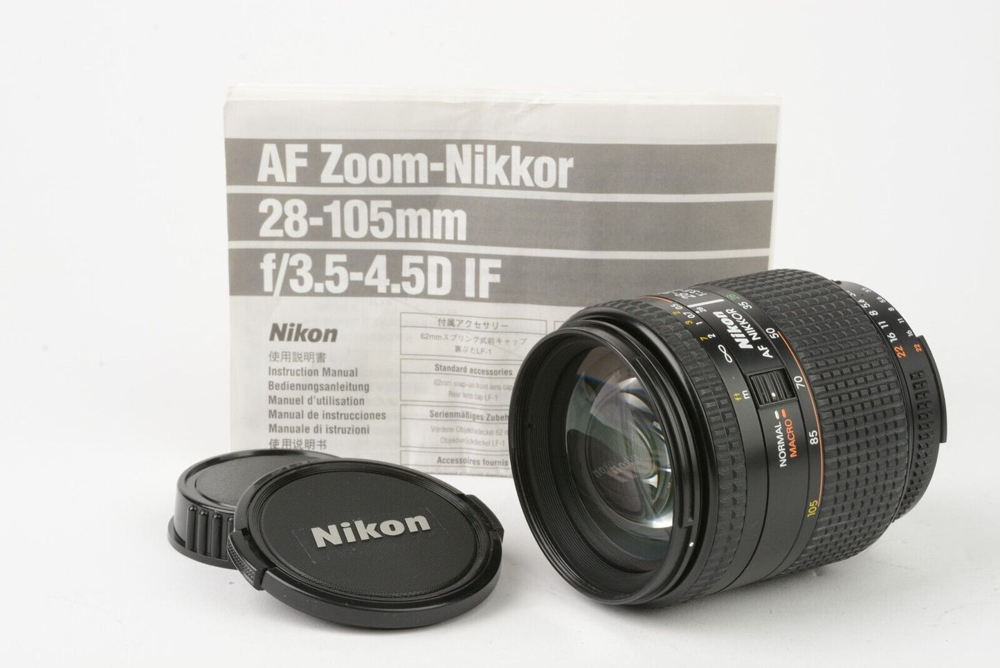 EXC++ NIKON AF NIKKOR 28-105mm f3.5-4.5D ZOOM LENS, CAPS+INSTRUCTIONS, NICE!