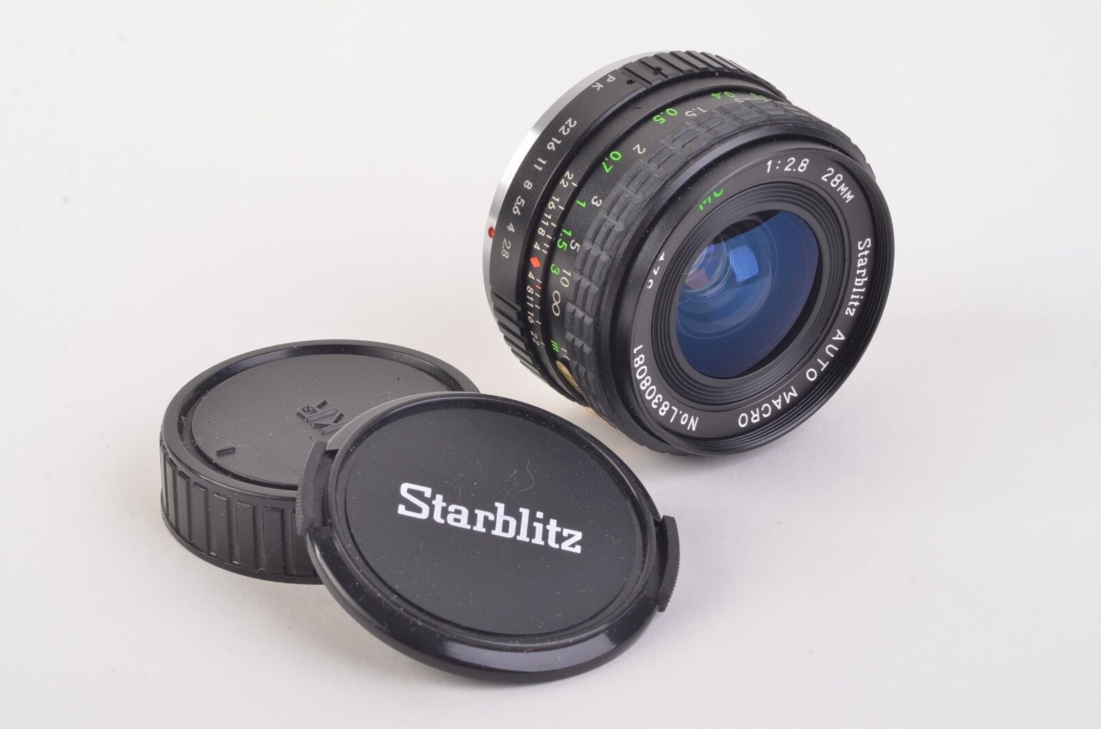 EXC++ STARBLITZ 28mm F2.8 MACRO MC LENS, CAPS, PK MOUNT, NICE