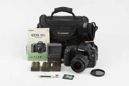 Canon EOS 30D 8.2MP DSLR w/18-55mm, 3batts, charger, case, strap, CF card++